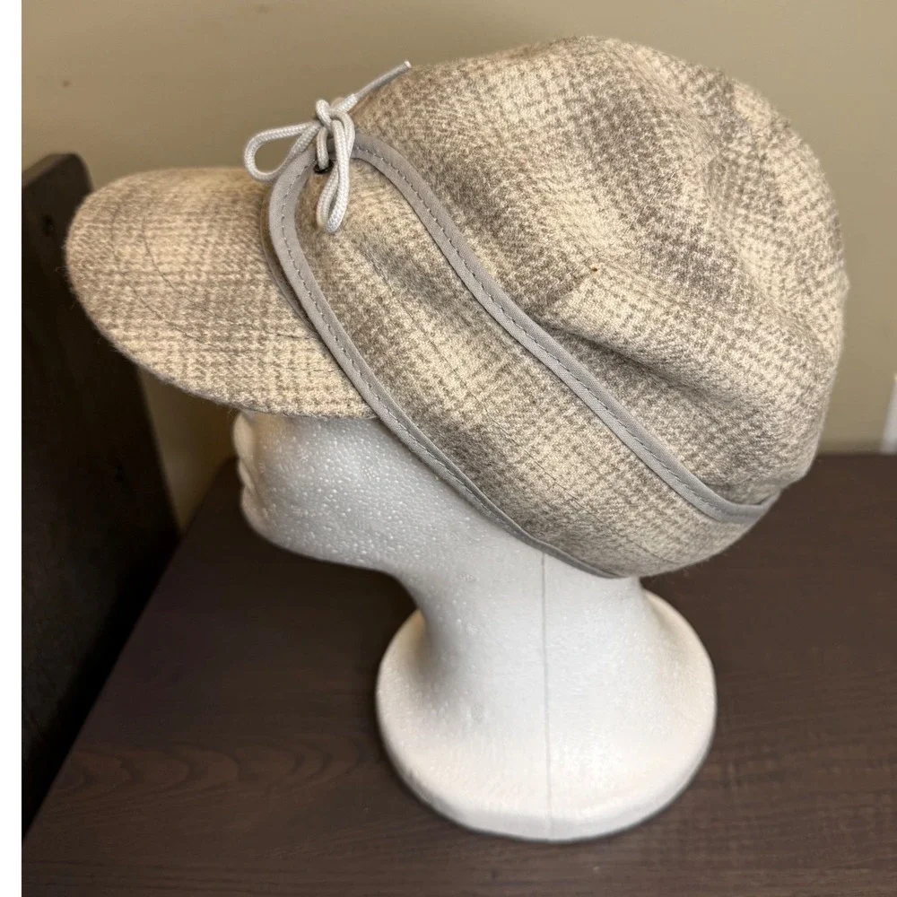 Stormy Kromer The Original Cap Tan Gray Plaid Wool Ear Flap Hat Size 6 3/4 USA